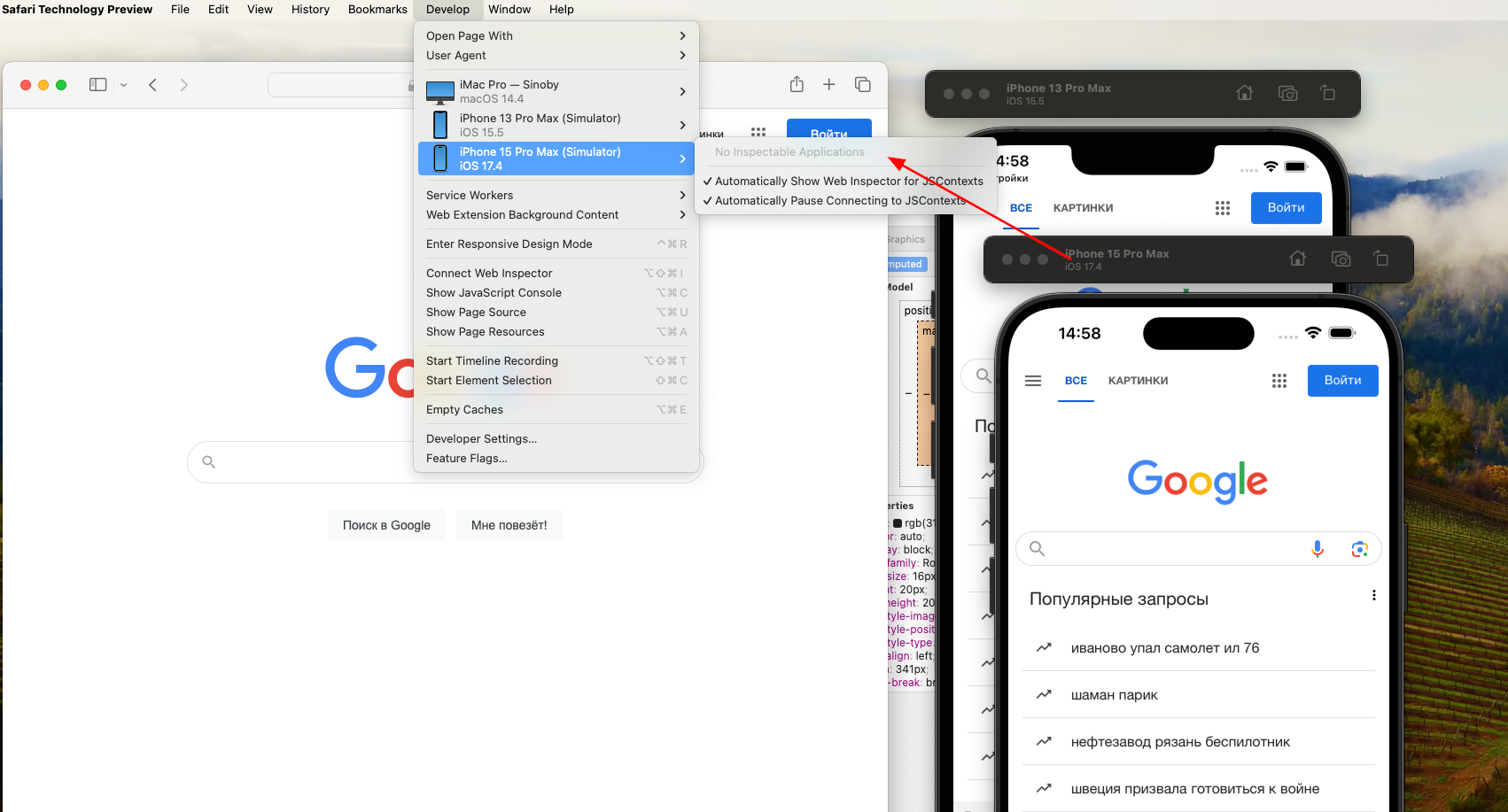 Почему Web Inspector в safari technology и эмулятор IOS 17 не работает? Почему Web Inspector в safari technology и эмулятор IOS 17 не работает?