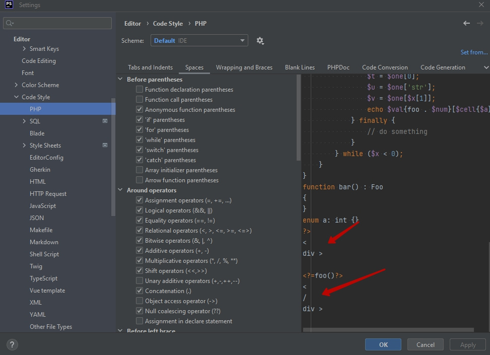 Как настроить форматирование файлов php в phpStorm, что бы он мог грамотно воспринимать внутри html? Как настроить форматирование файлов php в phpStorm, что бы он мог грамотно воспринимать внутри html?