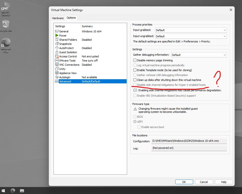 Из-за чего опция в vmware workstation mitigations for Hyper-V не активна? Из-за чего опция в vmware workstation mitigations for Hyper-V не активна?